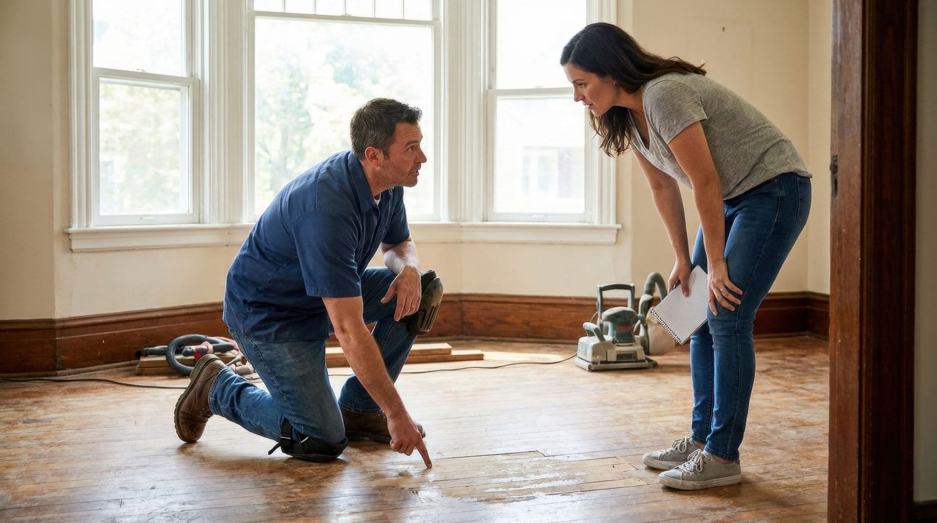 A couple inspecting a water-stained wood floor while documenting the damage for their claim
