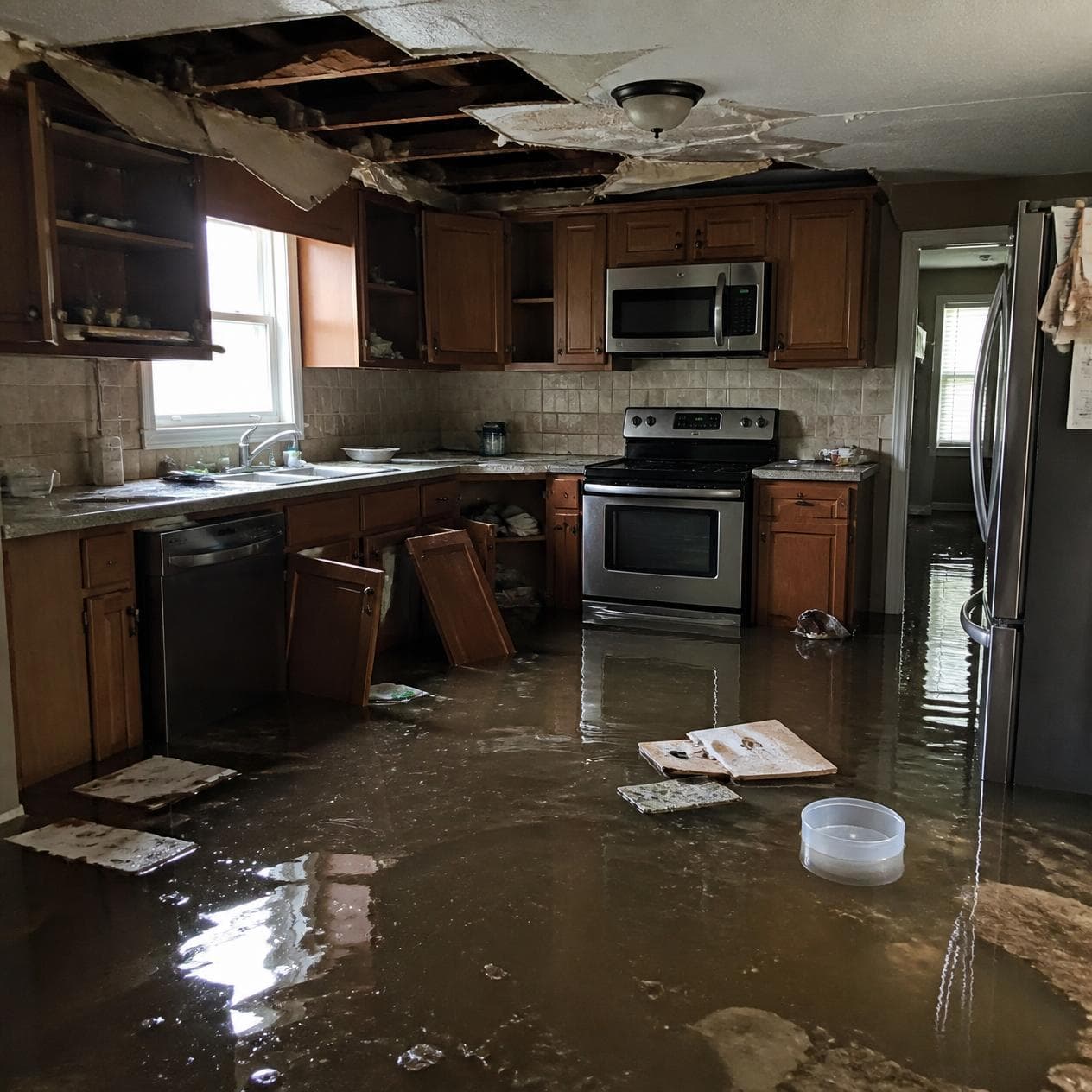 A kitchen with a collapsed ceiling and standing water after a major leak