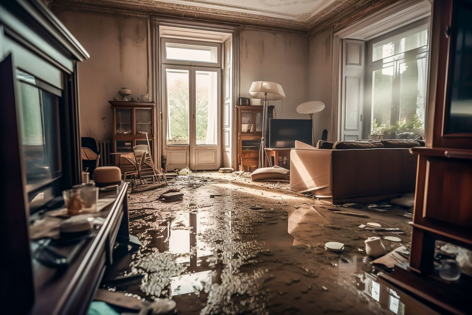 A furnished living room standing in floodwater after a major leak