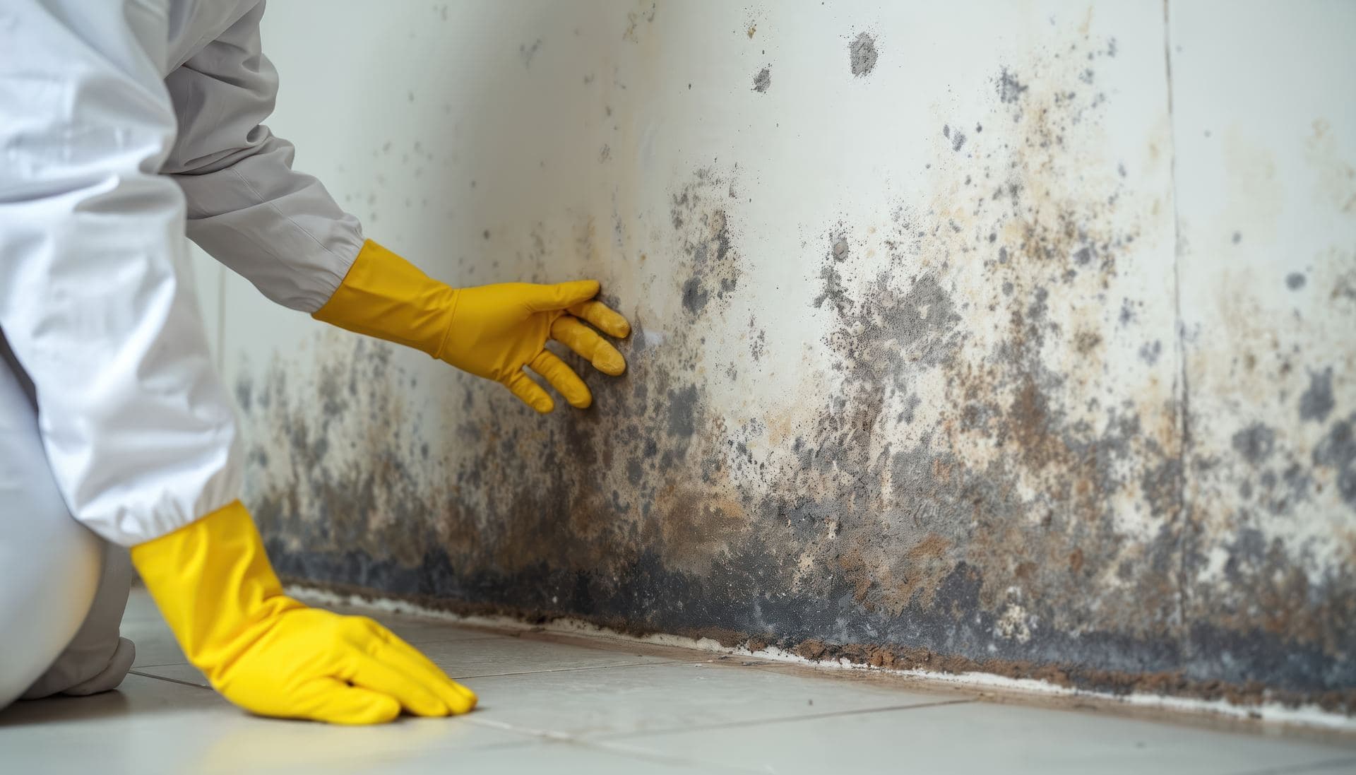 A gloved hand inspecting dark mold growth along a wall and baseboard