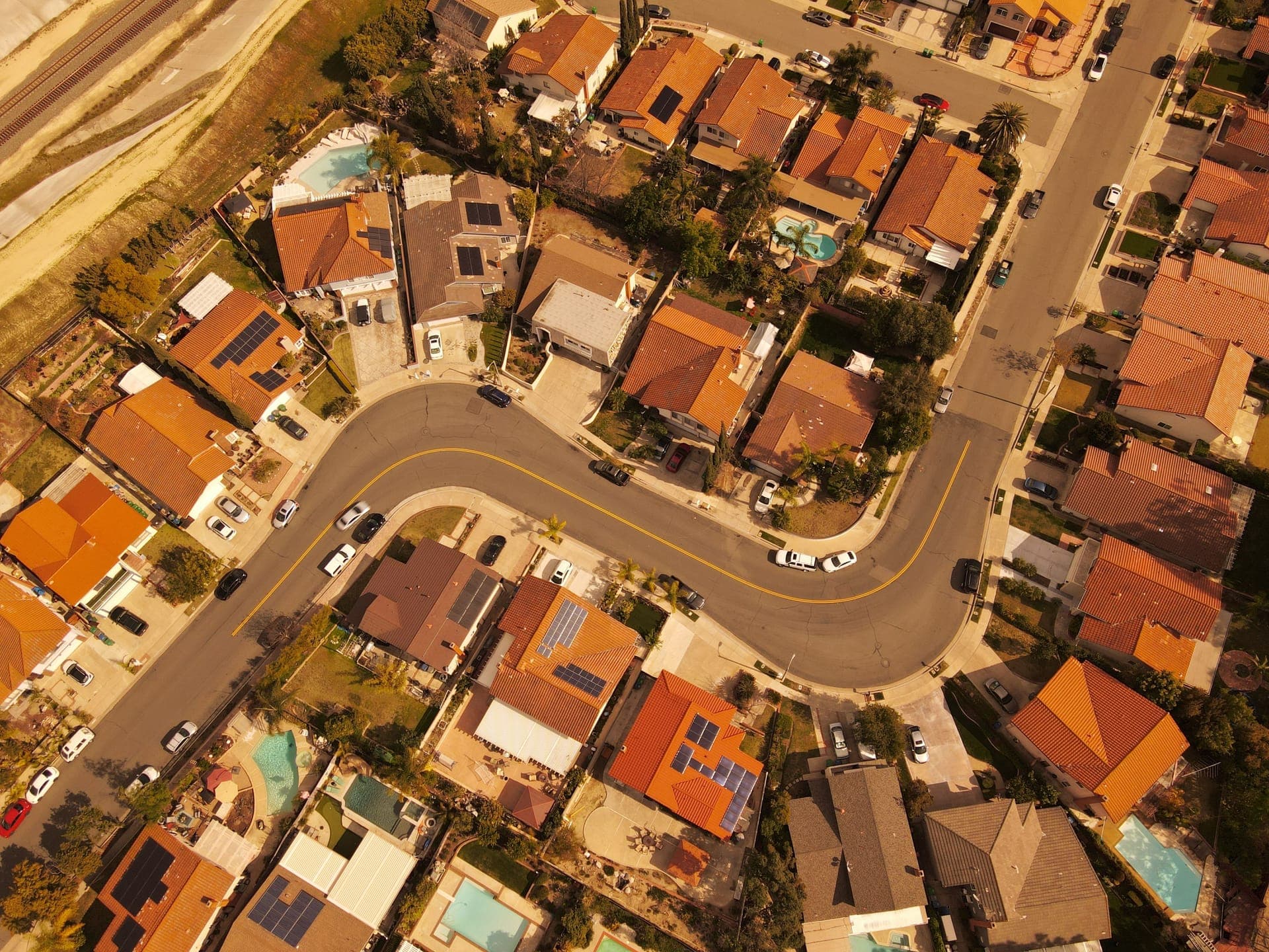 A newer Southern California tract neighborhood of tile-roof homes