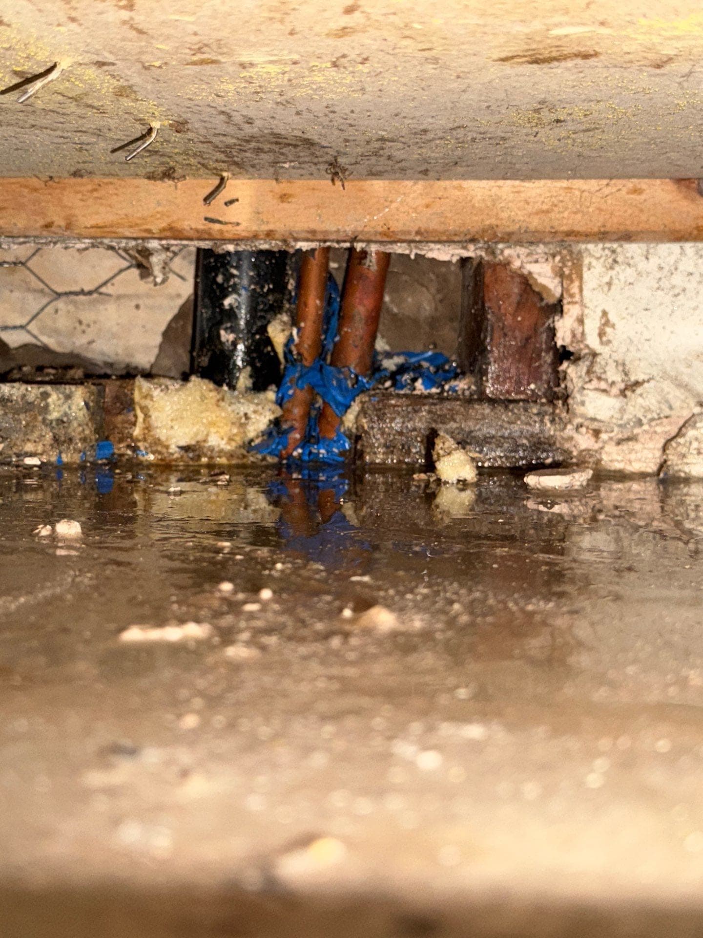 Standing water pooled under a home subfloor after a leak