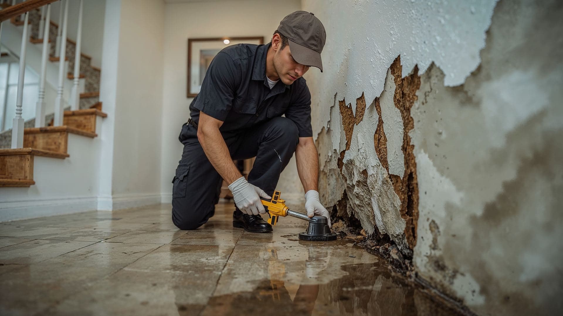 A technician treating a water-stained wall while tracing hidden moisture