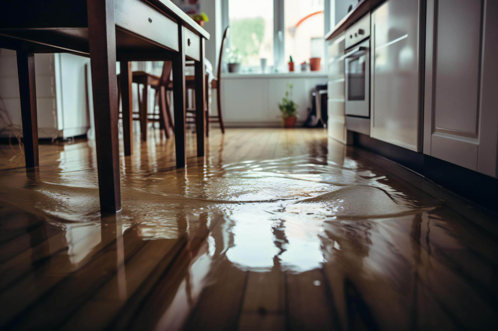 Water spreading across a kitchen's wood floor from a burst supply line