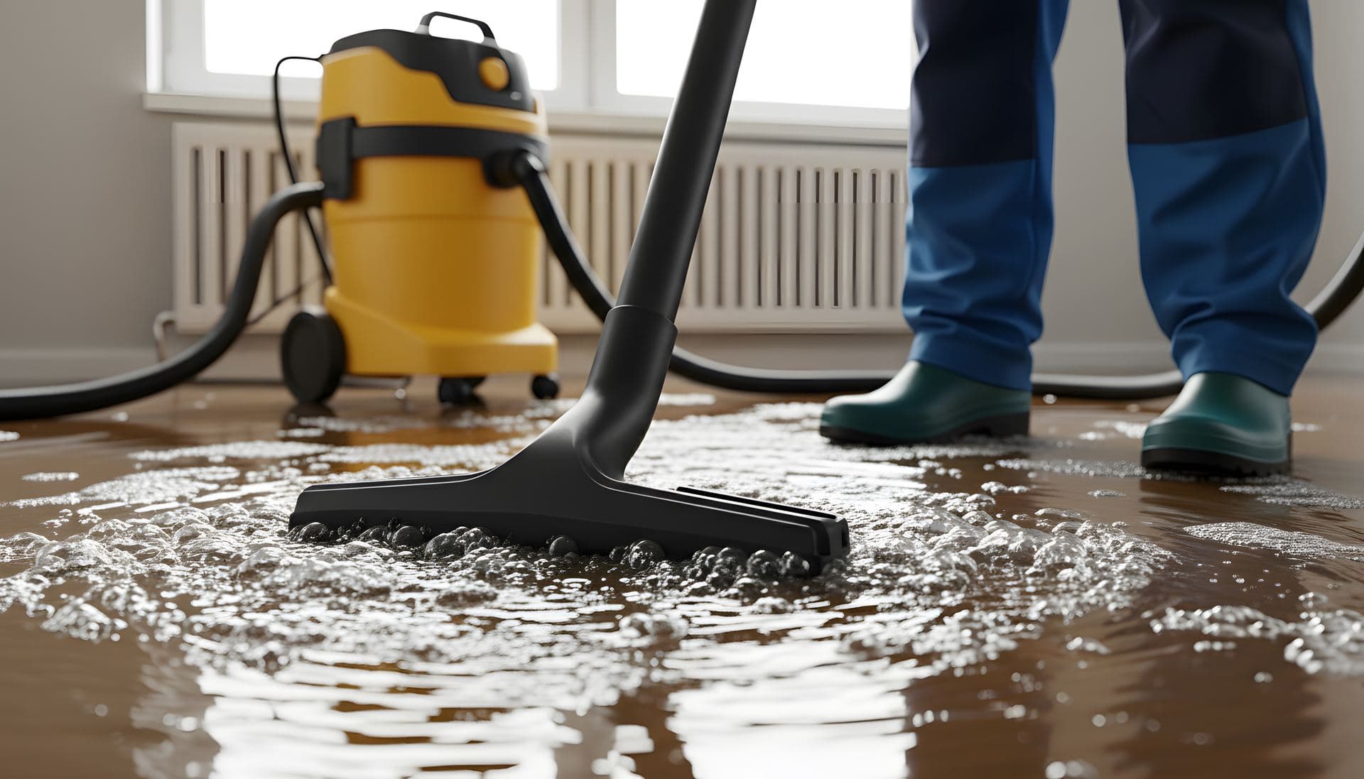 A wet vacuum extracting standing water from a flooded floor