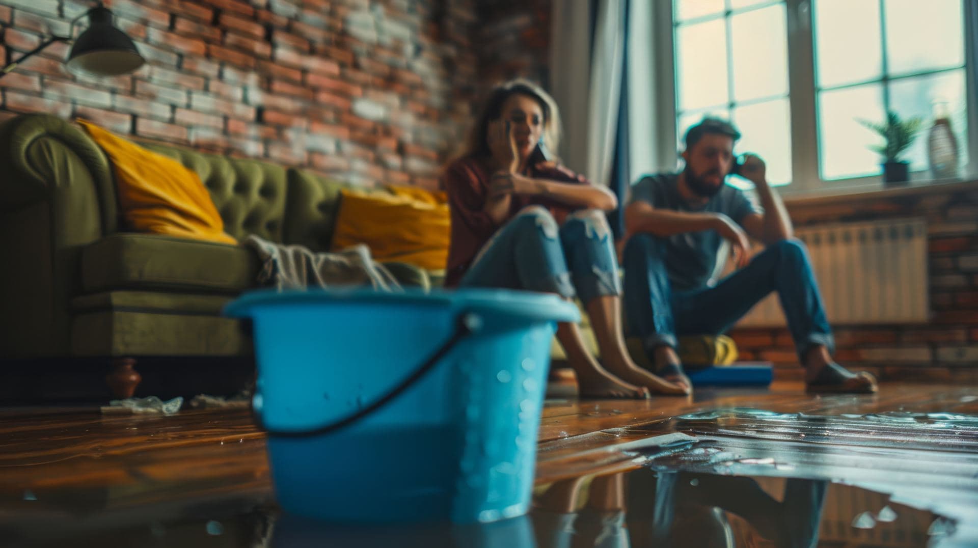 A couple calling for help while a bucket catches water from a leak in their living room