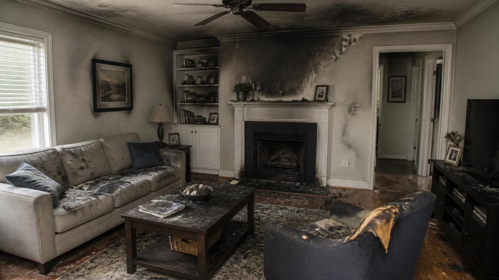 A living room coated in smoke and soot after a house fire