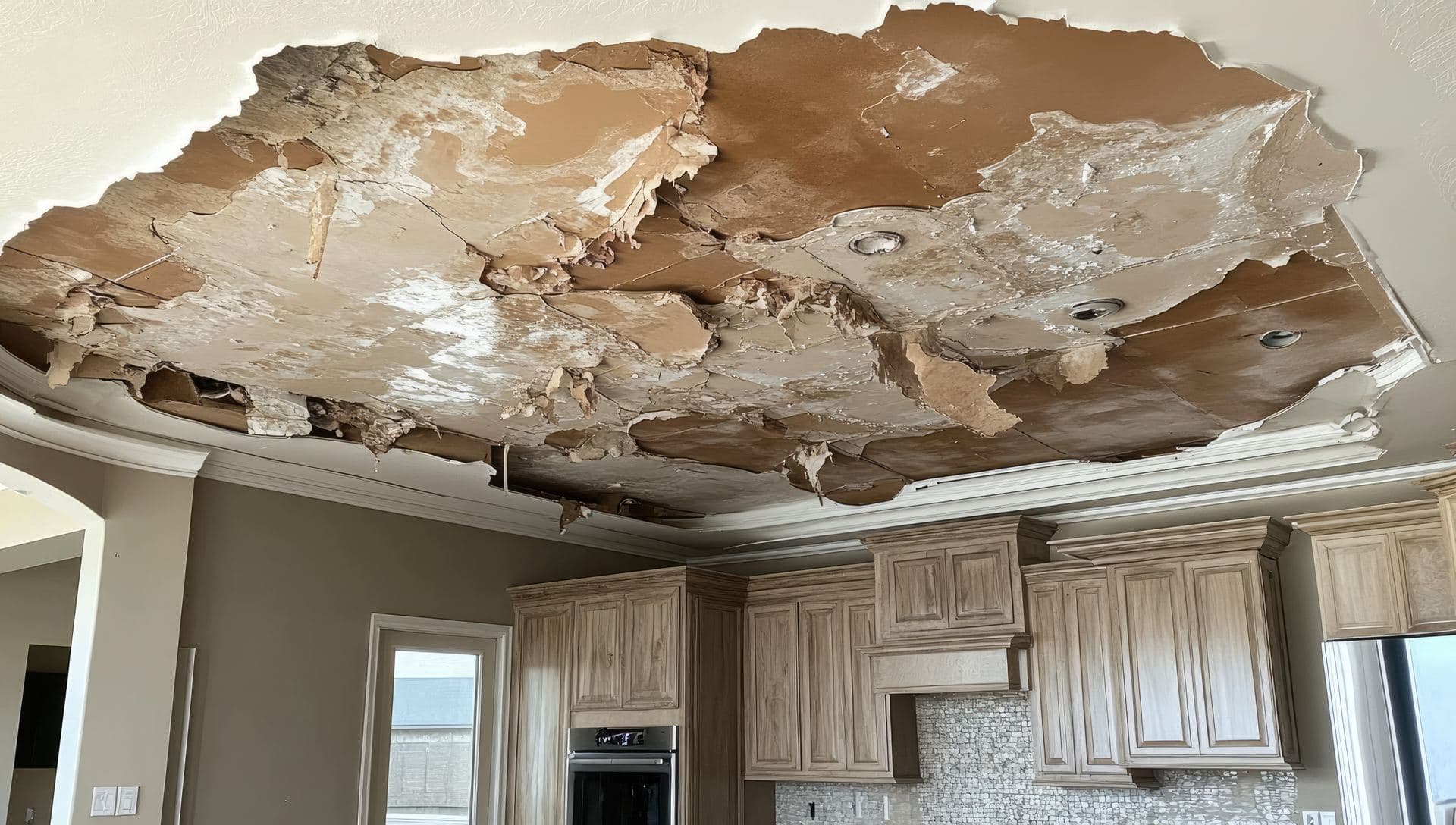 A kitchen ceiling collapsed from saturated drywall after a water leak