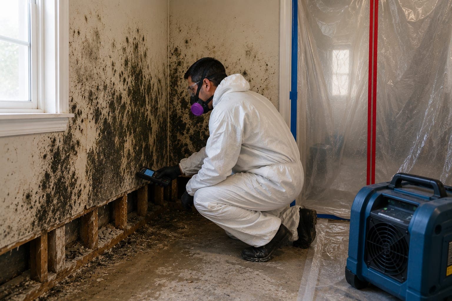 A technician in protective gear performing mold remediation behind a containment barrier