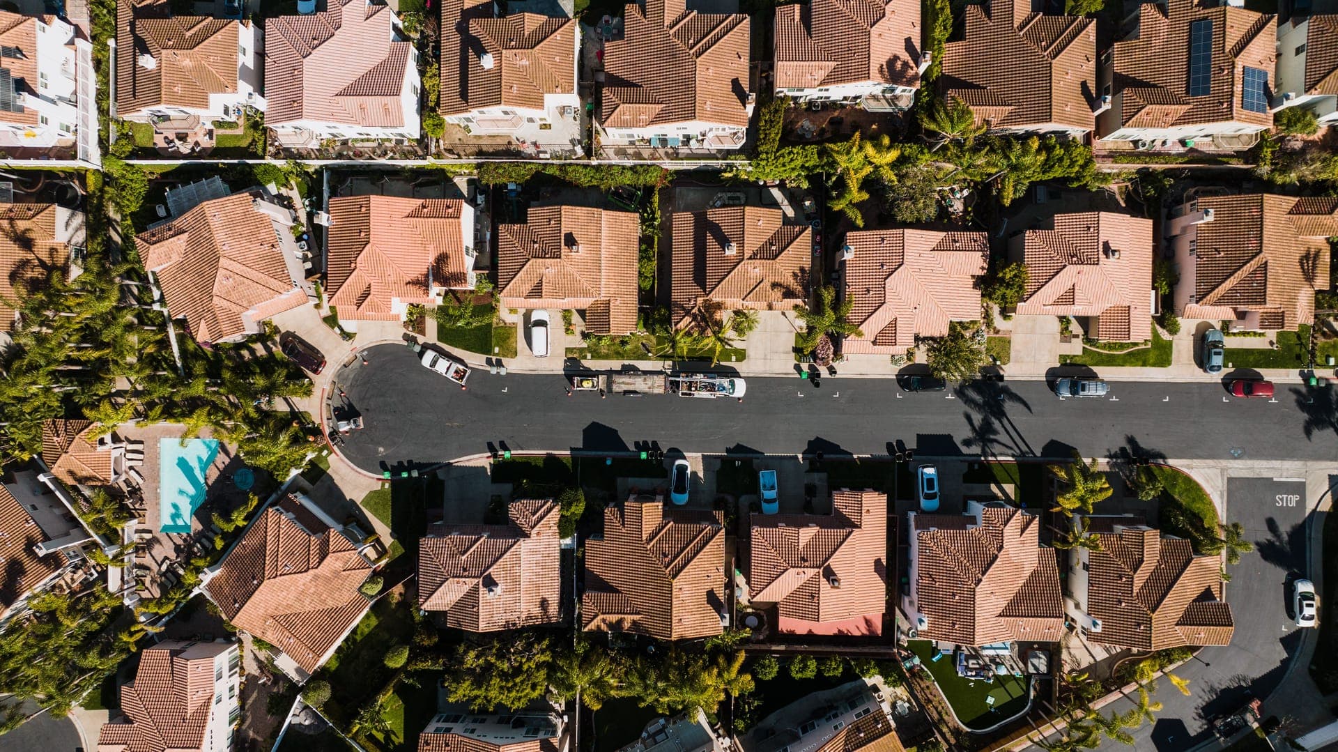 An aerial view of a dense Southern California tract neighborhood