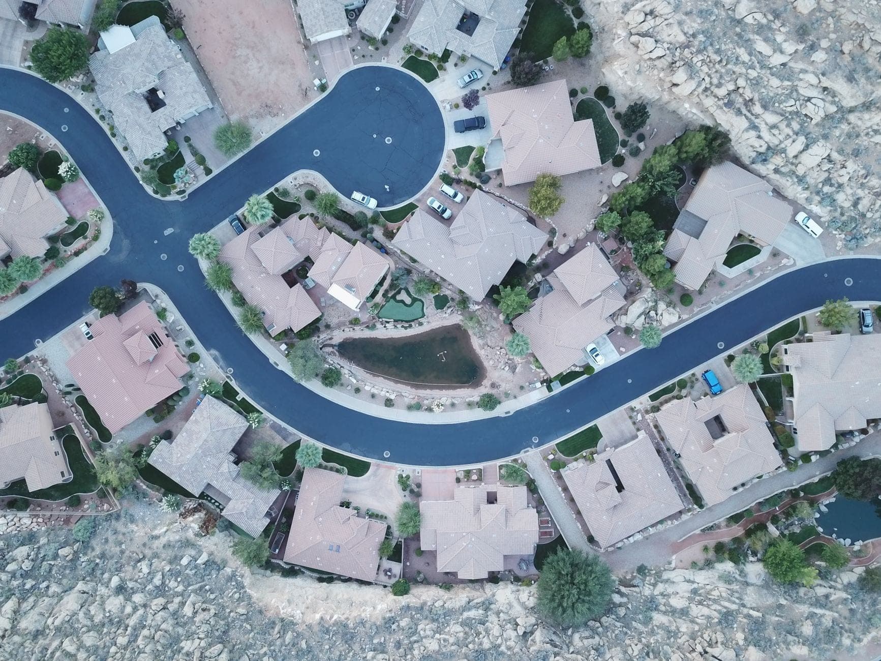 Aerial view of Lake Elsinore neighborhood rooftops