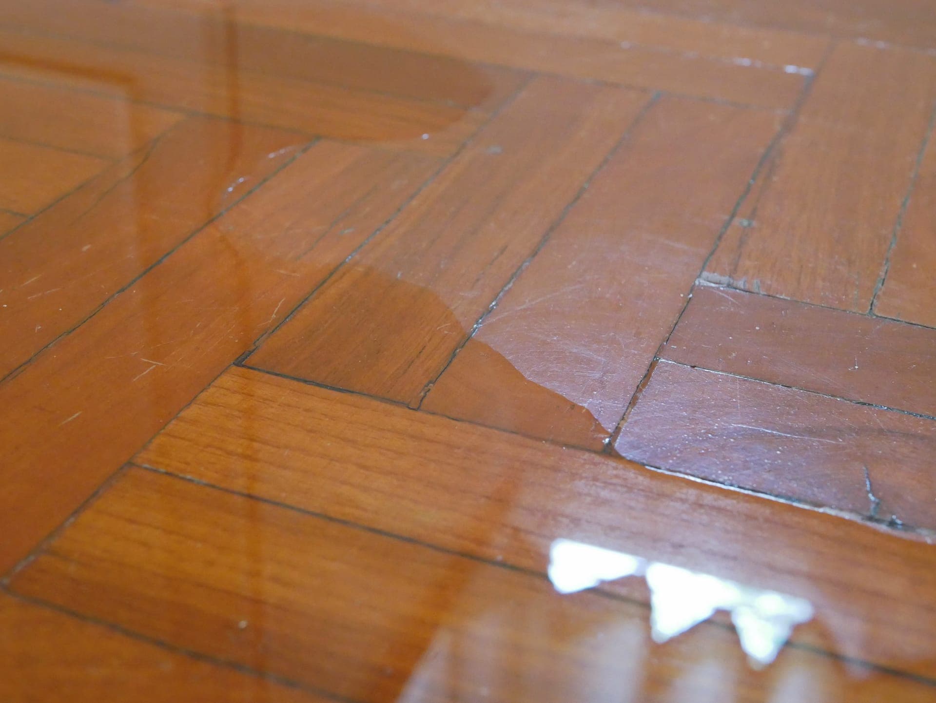 Water spreading across a home's wood parquet floor after a leak