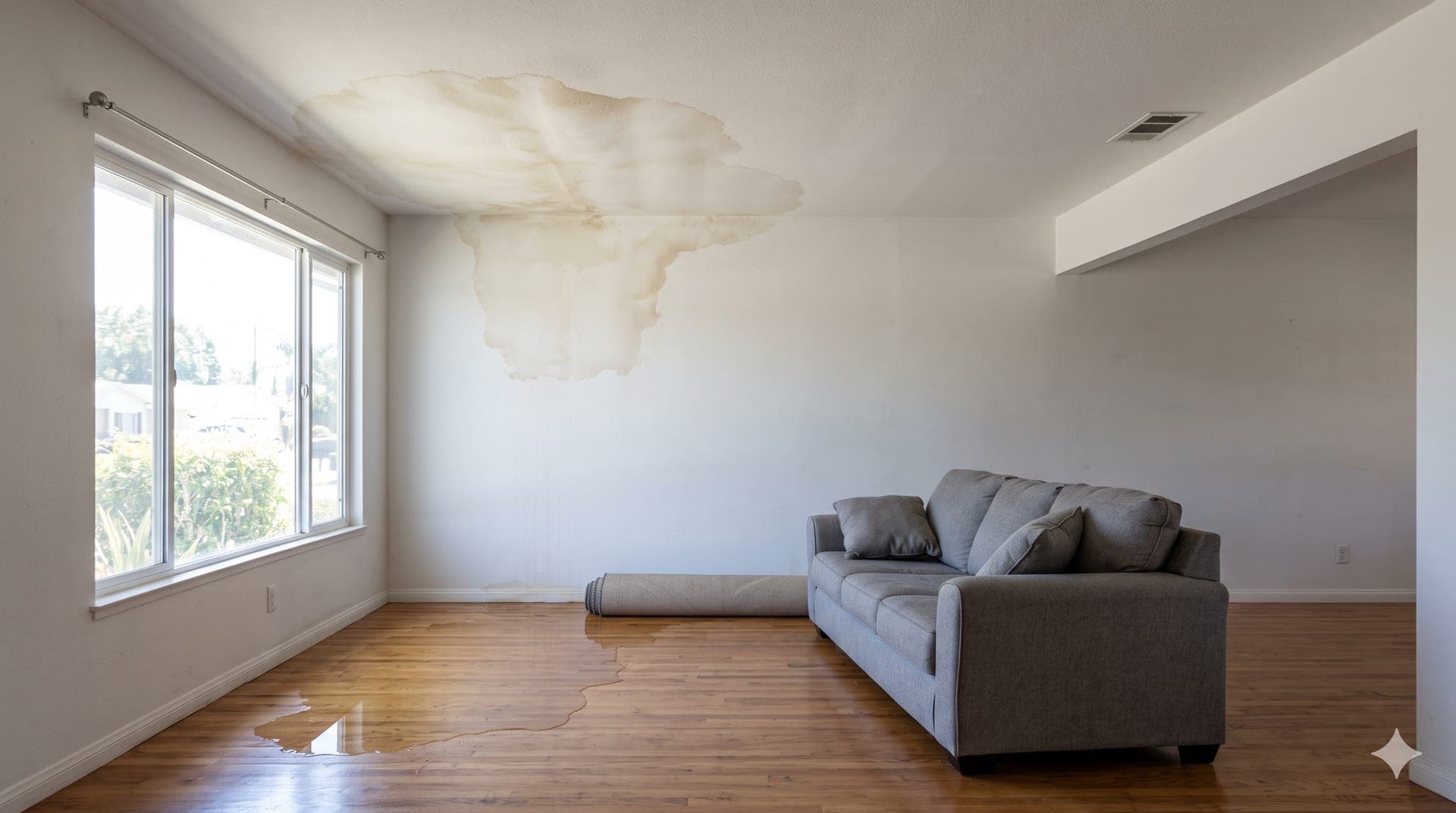 A large water stain spreading across a residential ceiling
